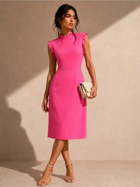 Julie Brown New York Ruffle-Neck Sleeveless Midi Dress in Hot Pink